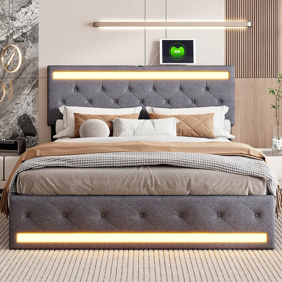 Fortuna lai Lit Double Rembourré 140 X 190 Cm Avec 4 Tiroirs Et Sommier à Lattes En Bois Avec USB Et LED, Gris Hot
