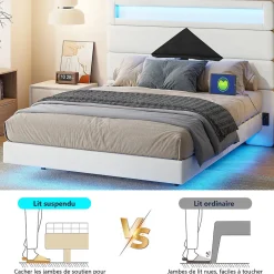 Fortuna lai Lit double rembourré, 140 x 190 cm, avec éclairage LED, tête de lit avec station de charge USB,sans matelas