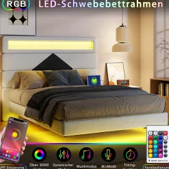 Fortuna lai Lit double rembourré, 140 x 190 cm, avec éclairage LED, tête de lit avec station de charge USB,sans matelas