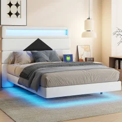 Fortuna lai Lit double rembourré, 140 x 190 cm, avec éclairage LED, tête de lit avec station de charge USB,sans matelas