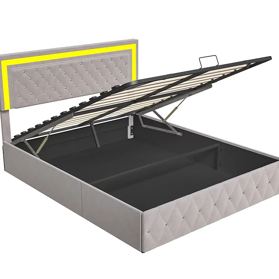 Fortuna lai Lit double rembourré, 160 x 200 cm, LED, hydraulique, avec espace de rangement et sommier à lattes, velours beige Best