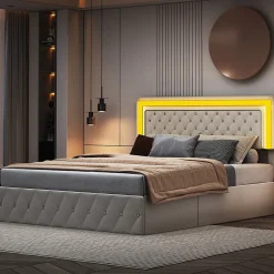 Fortuna lai Lit double rembourré, 160 x 200 cm, LED, hydraulique, avec espace de rangement et sommier à lattes, velours beige Best