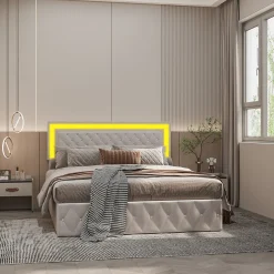 Fortuna lai Lit double rembourré, 160 x 200 cm, LED, hydraulique, avec espace de rangement et sommier à lattes, velours beige Best