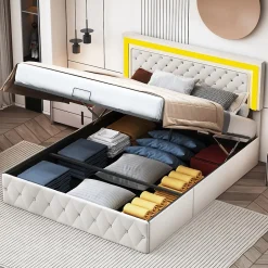 Fortuna lai Lit double rembourré, 160 x 200 cm, LED, hydraulique, avec espace de rangement et sommier à lattes, velours beige Best