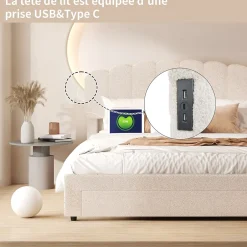 Fortuna lai Lit Double Rembourré 160 X 200 Cm, Ports De Charge USB Et Type C, Rangement, Polaire Teddy, Beige Online