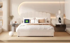Fortuna lai Lit Double Rembourré 160 X 200 Cm, Ports De Charge USB Et Type C, Rangement, Polaire Teddy, Beige Online