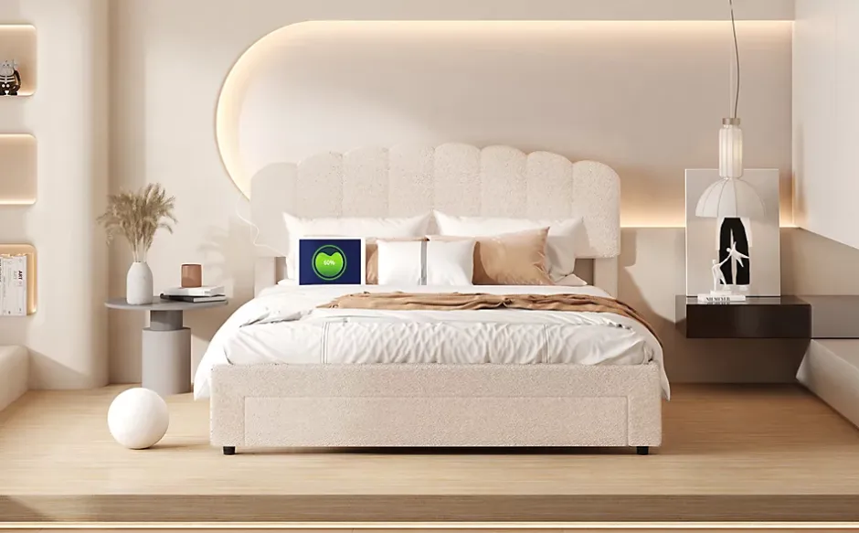Fortuna lai Lit Double Rembourré 160 X 200 Cm, Ports De Charge USB Et Type C, Rangement, Polaire Teddy, Beige Online