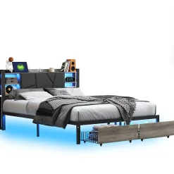 Fortuna lai Lit Double Rembourré 160 X 200 Cm Avec Éclairage LED, Port USB Et Rangements, Cadre De Lit En Métal