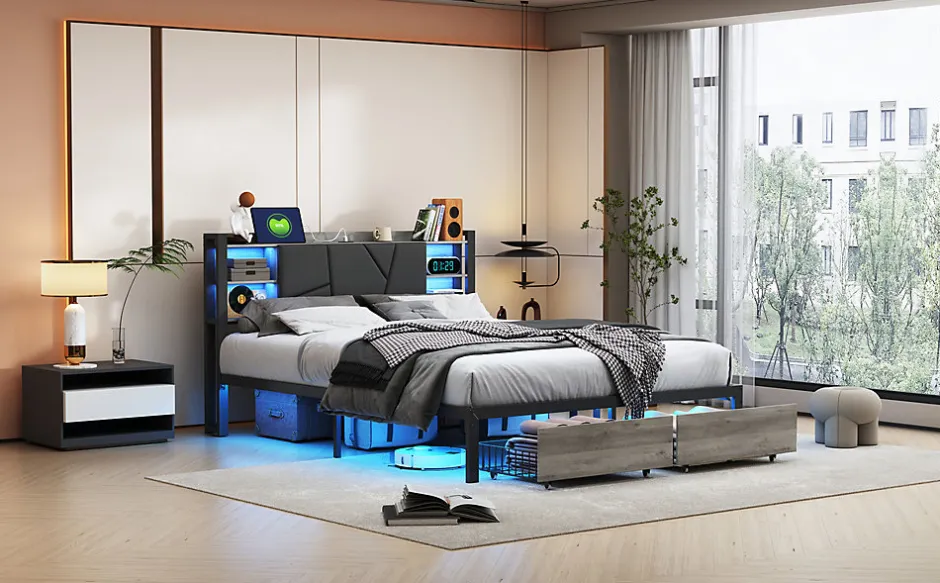 Fortuna lai Lit Double Rembourré 160 X 200 Cm Avec Éclairage LED, Port USB Et Rangements, Cadre De Lit En Métal