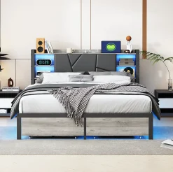 Fortuna lai Lit Double Rembourré 160 X 200 Cm Avec Éclairage LED, Port USB Et Rangements, Cadre De Lit En Métal