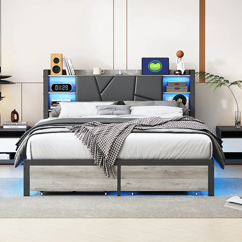 Fortuna lai Lit Double Rembourré 160 X 200 Cm Avec Éclairage LED, Port USB Et Rangements, Cadre De Lit En Métal