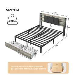 Fortuna lai Lit Double Rembourré 160 X 200 Cm Avec Éclairage LED, Port USB Et Rangements, Cadre De Lit En Métal