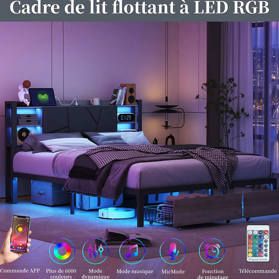 Fortuna lai Lit Double Rembourré 160 X 200 Cm Avec Éclairage LED, Port USB Et Rangements, Cadre De Lit En Métal