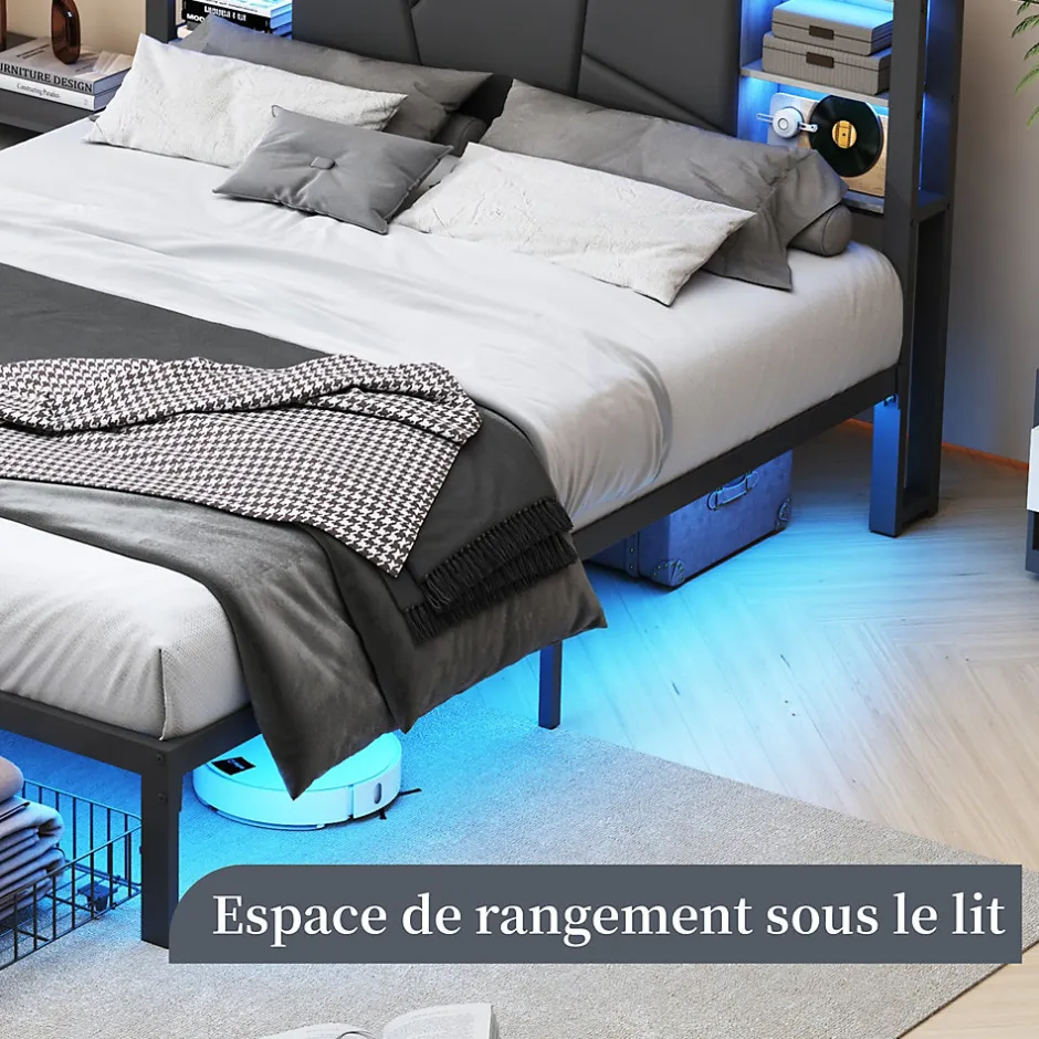 Fortuna lai Lit Double Rembourré 160 X 200 Cm Avec Éclairage LED, Port USB Et Rangements, Cadre De Lit En Métal