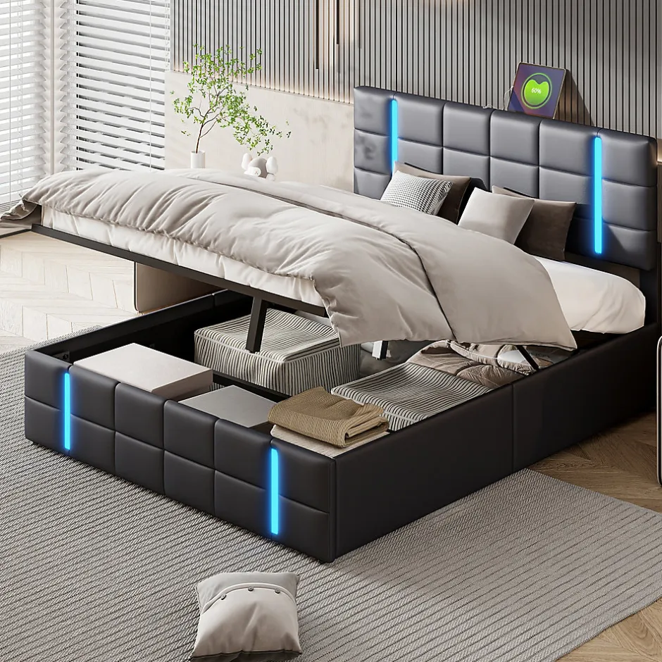 Fortuna lai Lit Double Rembourré 140 X 200 Cm, Avec LED, Cadre De Lit Avec Cadre Et Sommier à Lattes, Pu, Noir