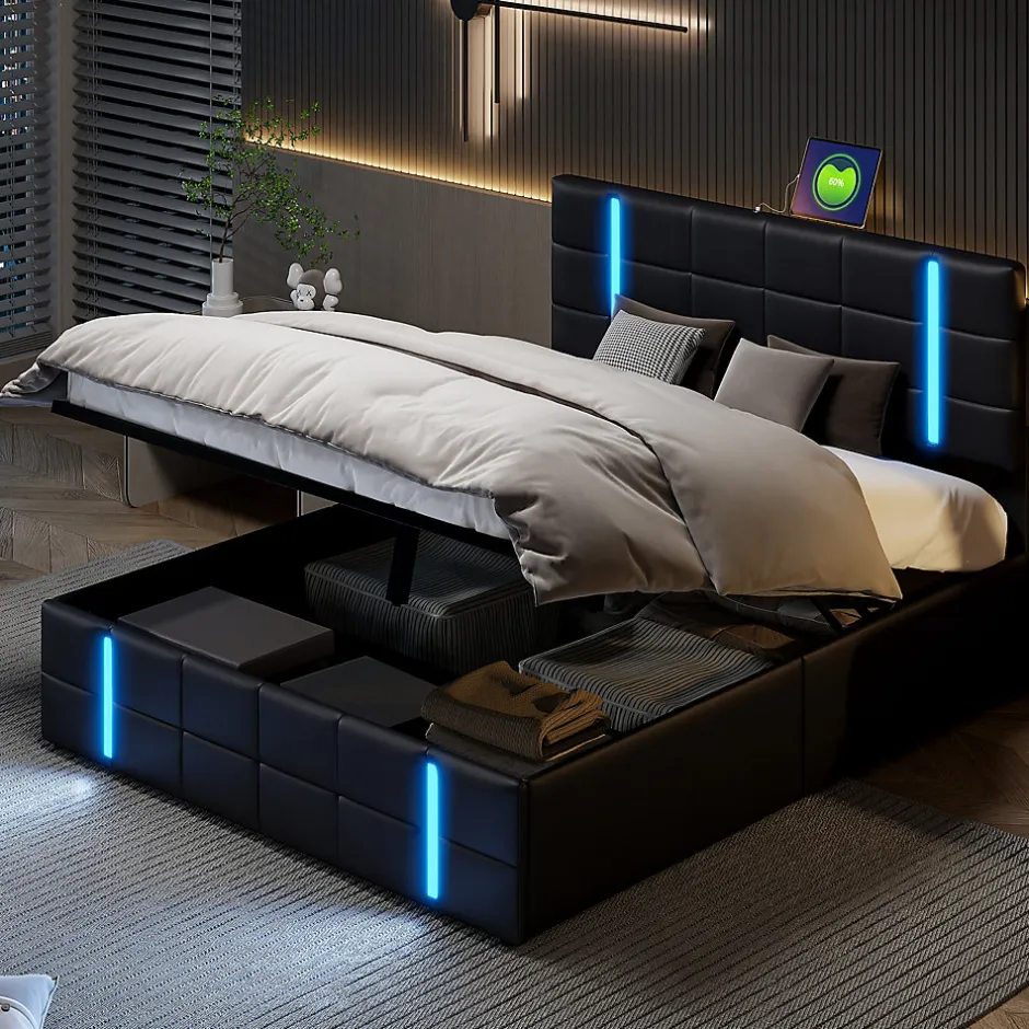 Fortuna lai Lit Double Rembourré 140 X 200 Cm, Avec LED, Cadre De Lit Avec Cadre Et Sommier à Lattes, Pu, Noir