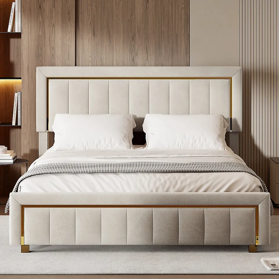 Simple Life lit double rembourré 160 x 200,lit coffre avec sommier,lit adulte 160 x 200 avec levier hydraulique,velours,beige