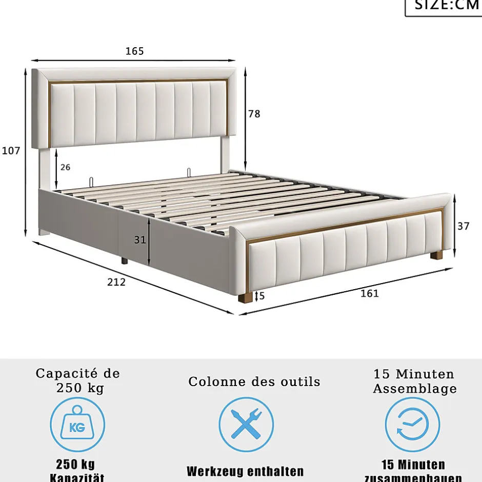 Simple Life lit double rembourré 160 x 200,lit coffre avec sommier,lit adulte 160 x 200 avec levier hydraulique,velours,beige