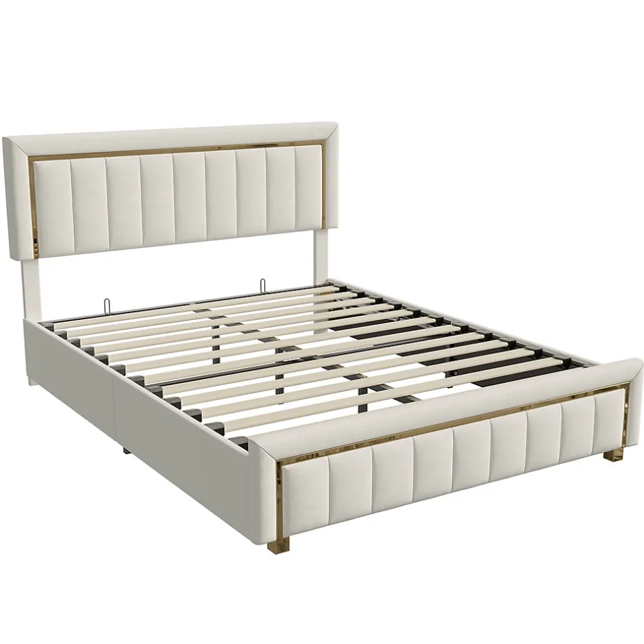 Simple Life lit double rembourré 160 x 200,lit coffre avec sommier,lit adulte 160 x 200 avec levier hydraulique,velours,beige