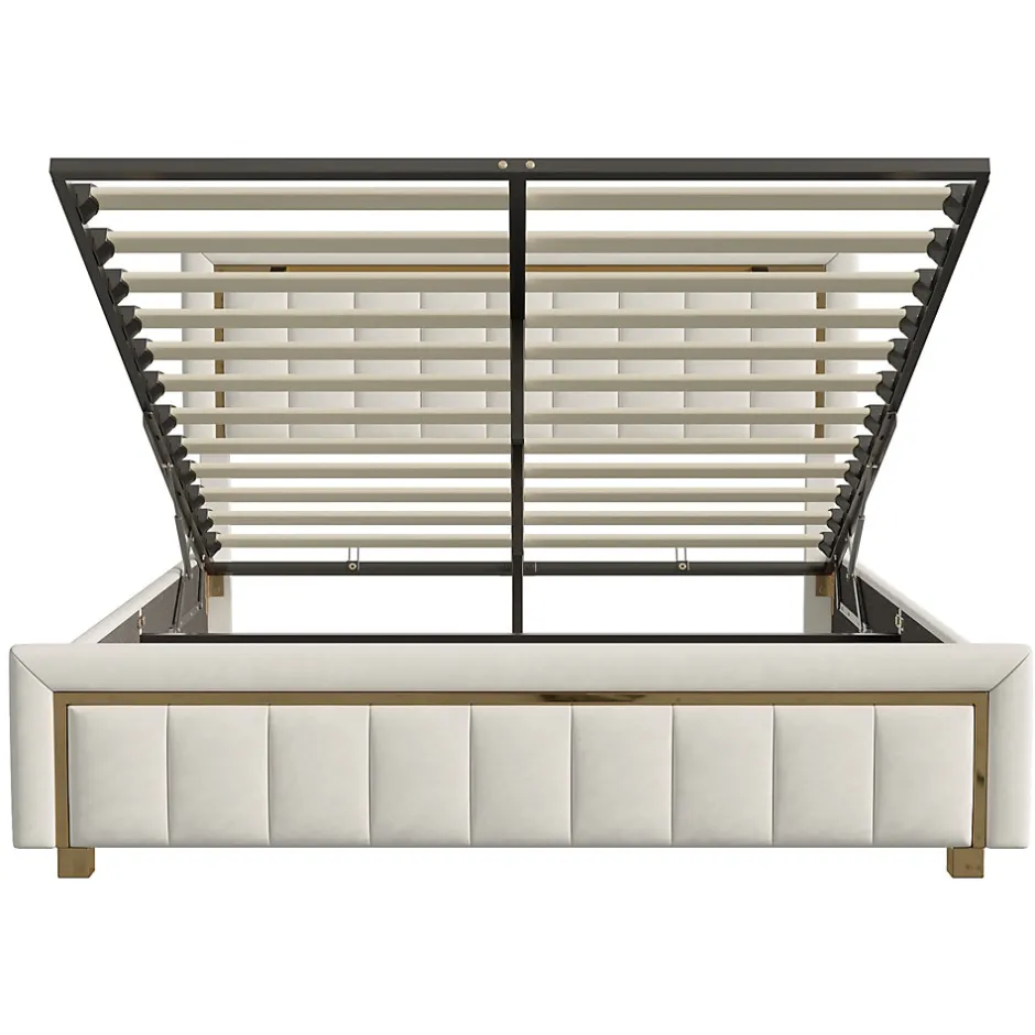 Simple Life lit double rembourré 160 x 200,lit coffre avec sommier,lit adulte 160 x 200 avec levier hydraulique,velours,beige