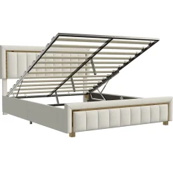ProximaX lit double rembourré 160 x 200,lit coffre avec sommier,lit adulte 160 x 200 avec levier hydraulique,velours,beige Hot