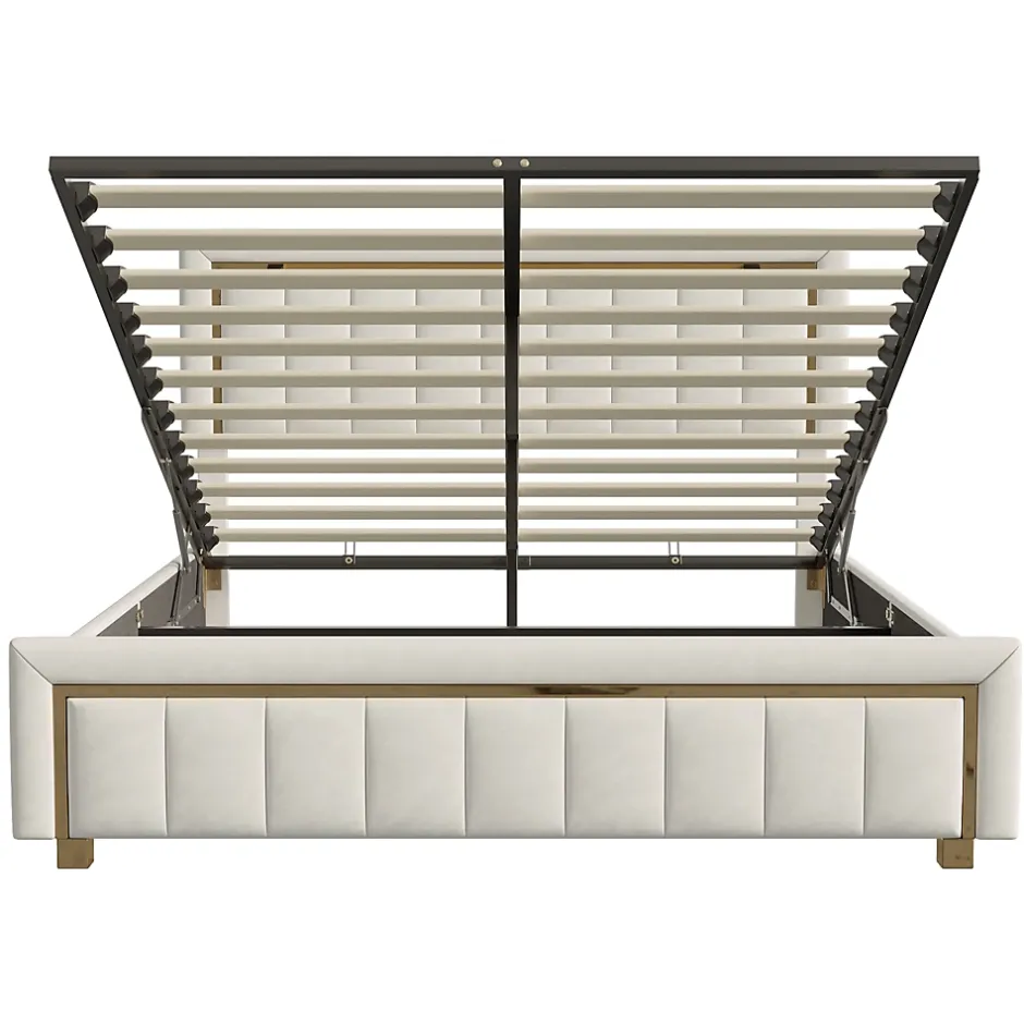 ProximaX lit double rembourré 160 x 200,lit coffre avec sommier,lit adulte 160 x 200 avec levier hydraulique,velours,beige Hot