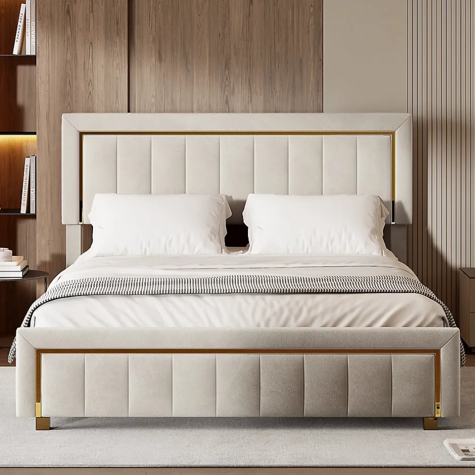 ProximaX lit double rembourré 160 x 200,lit coffre avec sommier,lit adulte 160 x 200 avec levier hydraulique,velours,beige Hot