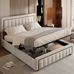 Simple Life lit double rembourré 140 x 200,lit coffre avec sommier,lit adulte 140 x 200 avec levier hydraulique,velours,beige