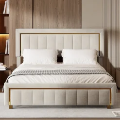 Simple Life lit double rembourré 140 x 200,lit coffre avec sommier,lit adulte 140 x 200 avec levier hydraulique,velours,beige