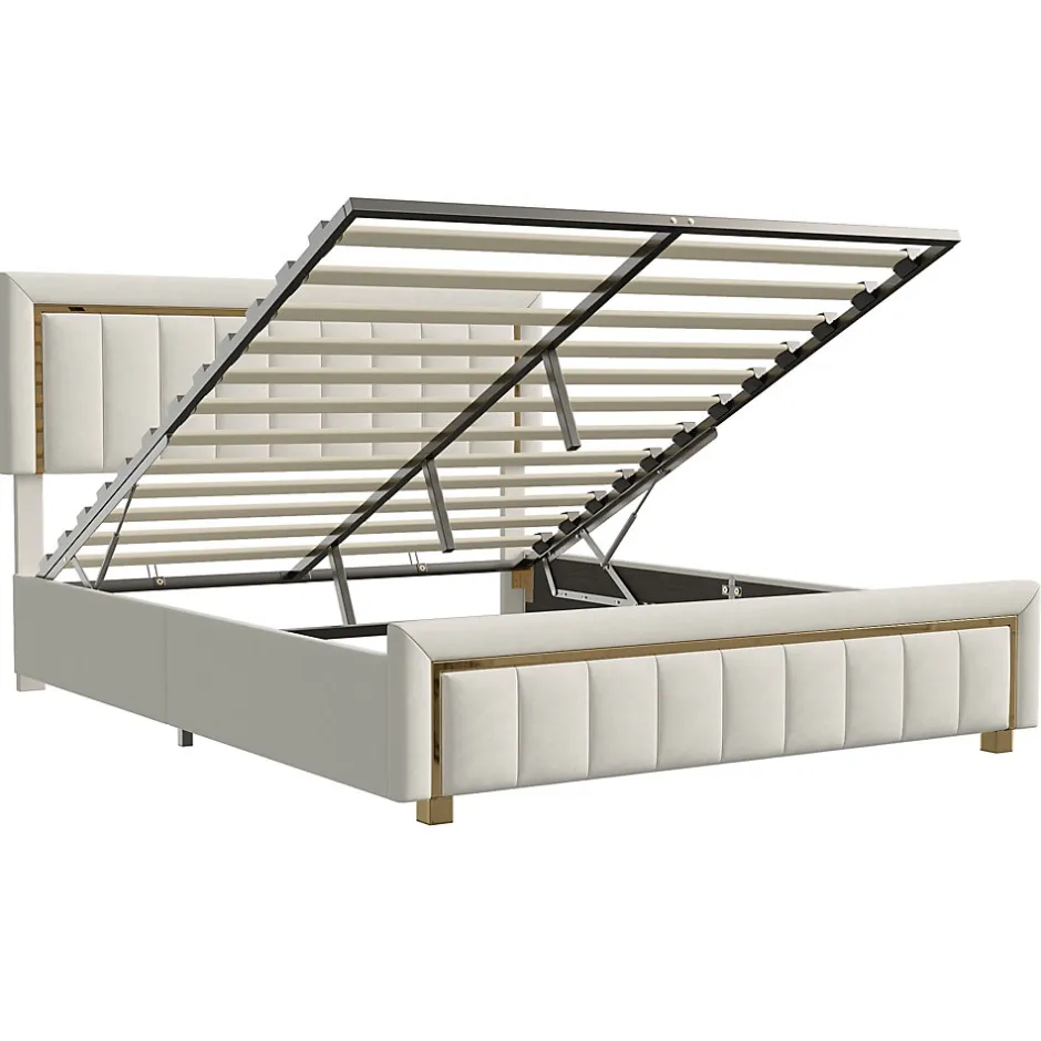 Simple Life lit double rembourré 140 x 200,lit coffre avec sommier,lit adulte 140 x 200 avec levier hydraulique,velours,beige