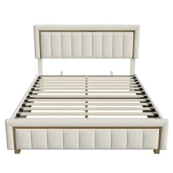 Simple Life lit double rembourré 140 x 200,lit coffre avec sommier,lit adulte 140 x 200 avec levier hydraulique,velours,beige
