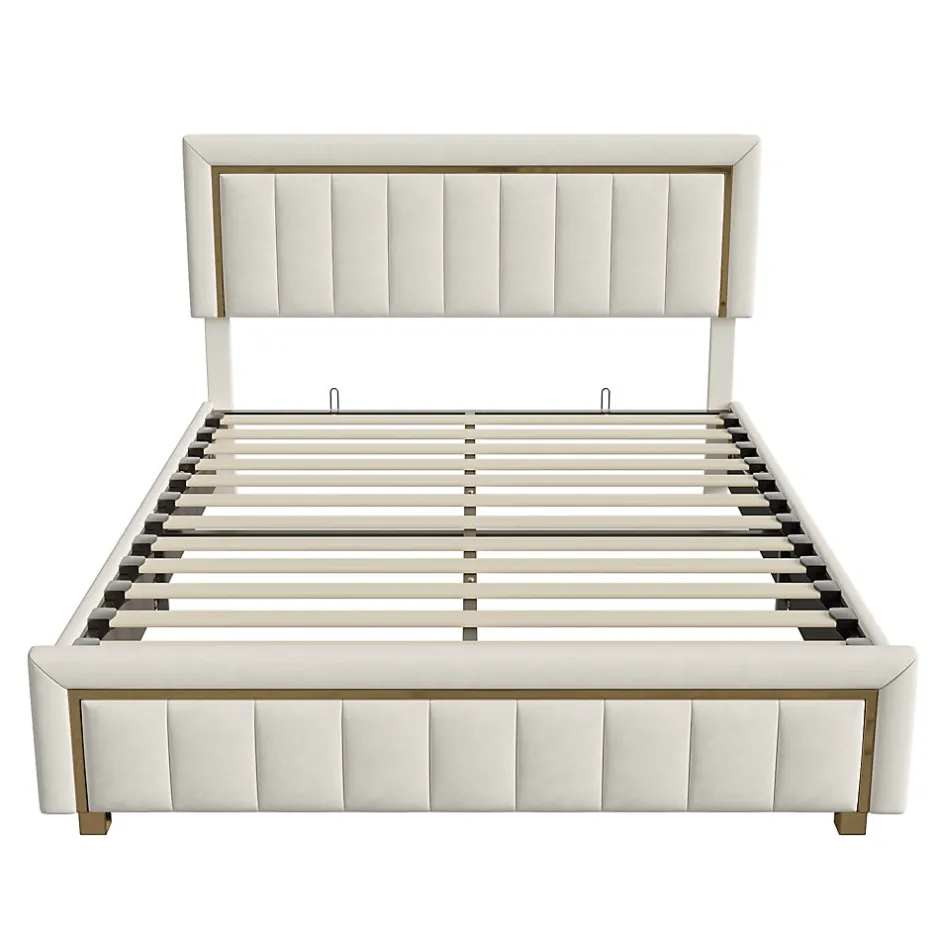 Simple Life lit double rembourré 140 x 200,lit coffre avec sommier,lit adulte 140 x 200 avec levier hydraulique,velours,beige