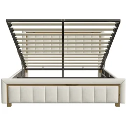 Simple Life lit double rembourré 140 x 200,lit coffre avec sommier,lit adulte 140 x 200 avec levier hydraulique,velours,beige