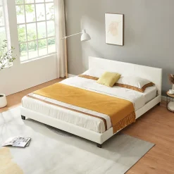 Corium Lit Double Rembourré Albacete Sommier à Lattes Housse Similicuir 180 x 200 cm Blanc Best