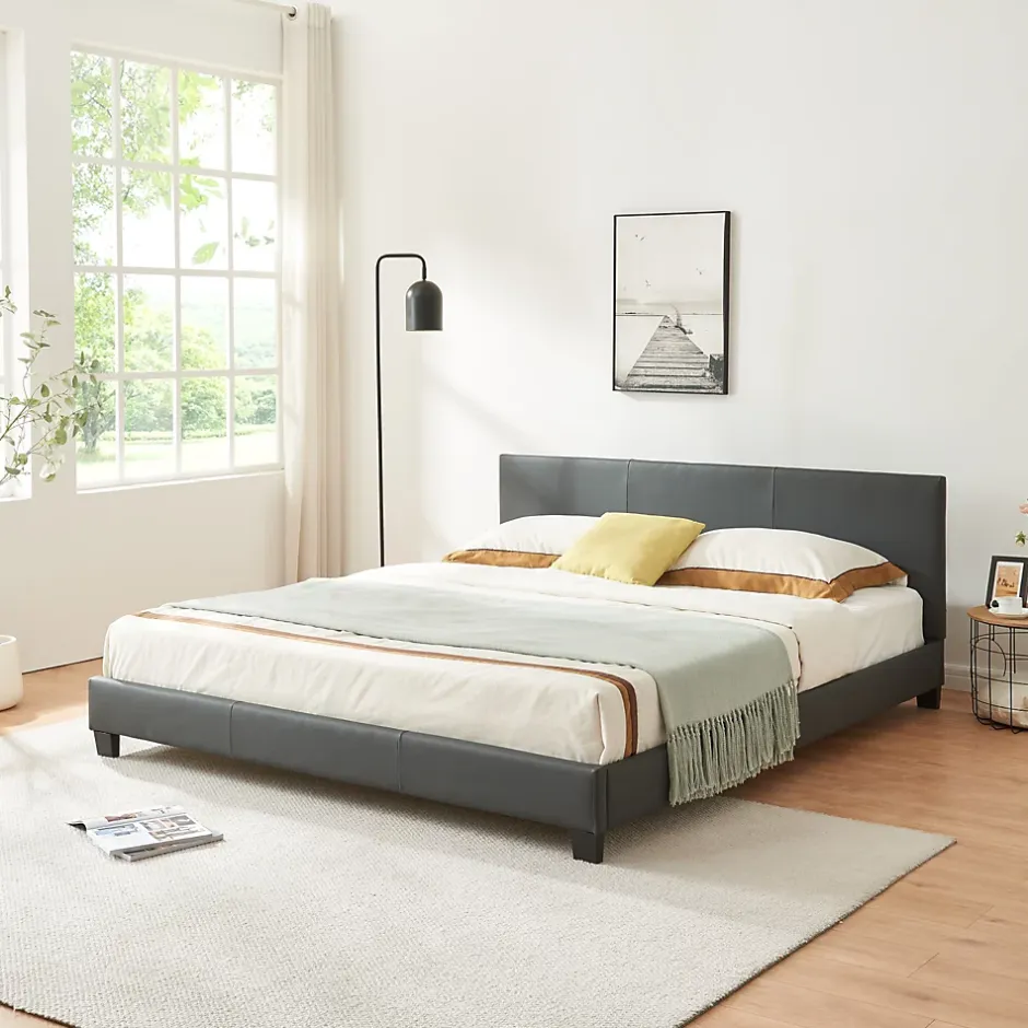 Corium Lit Double Rembourré Albacete Sommier à Lattes Similicuir 180 x 200 cm Gris Foncé Hot