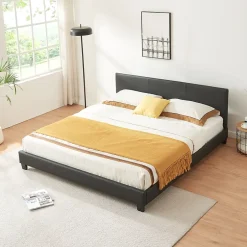 Corium Lit Double Rembourré Albacete Sommier à Lattes Similicuir 160 x 200 cm Noir Best