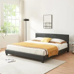Corium Lit Double Rembourré Albacete Sommier à Lattes Similicuir 160 x 200 cm Noir Best