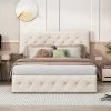 Fortuna lai Lit Double Rembourré Avec Tête De Lit Et Sommier à Lattes En Velours,140x200 Cm,avec Rangement,beige New