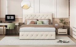 Fortuna lai Lit Double Rembourré Avec Tête De Lit Et Sommier à Lattes En Velours,140x200 Cm,avec Rangement,beige New