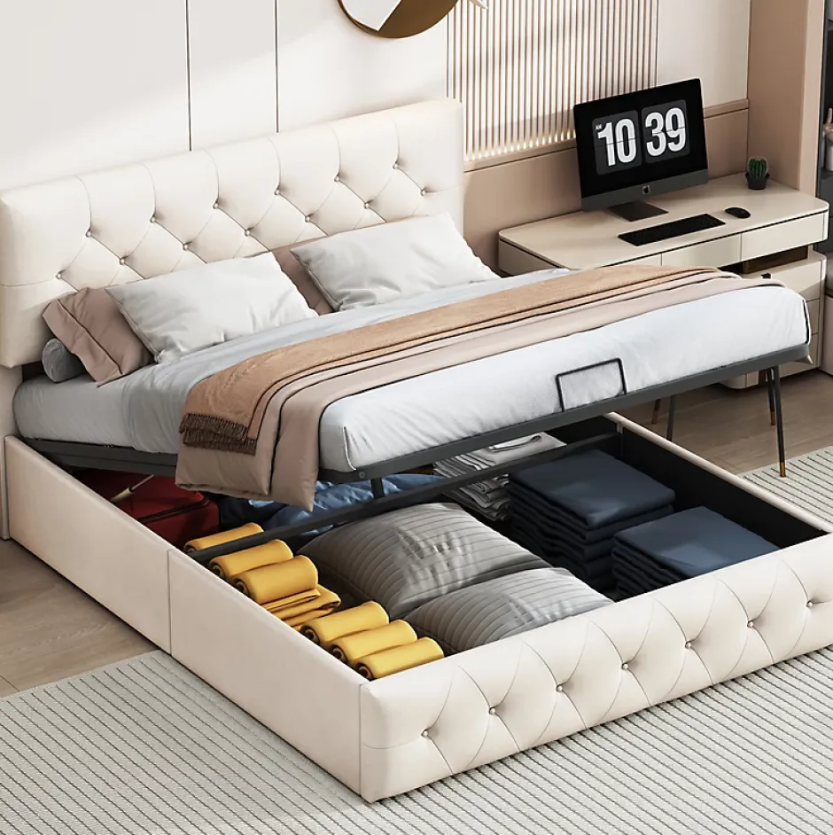 Fortuna lai Lit Double Rembourré Avec Tête De Lit Et Sommier à Lattes En Velours,140x200 Cm,avec Rangement,beige New
