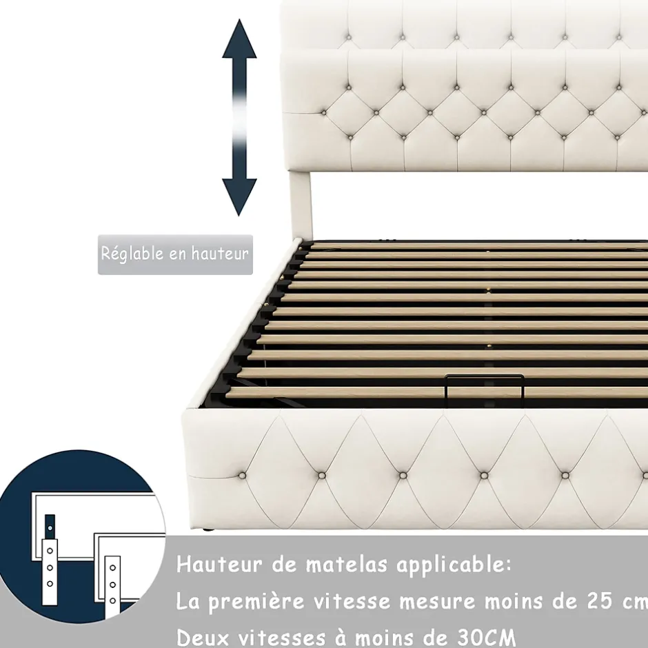 Fortuna lai Lit Double Rembourré Avec Tête De Lit Et Sommier à Lattes En Velours,140x200 Cm,avec Rangement,beige New