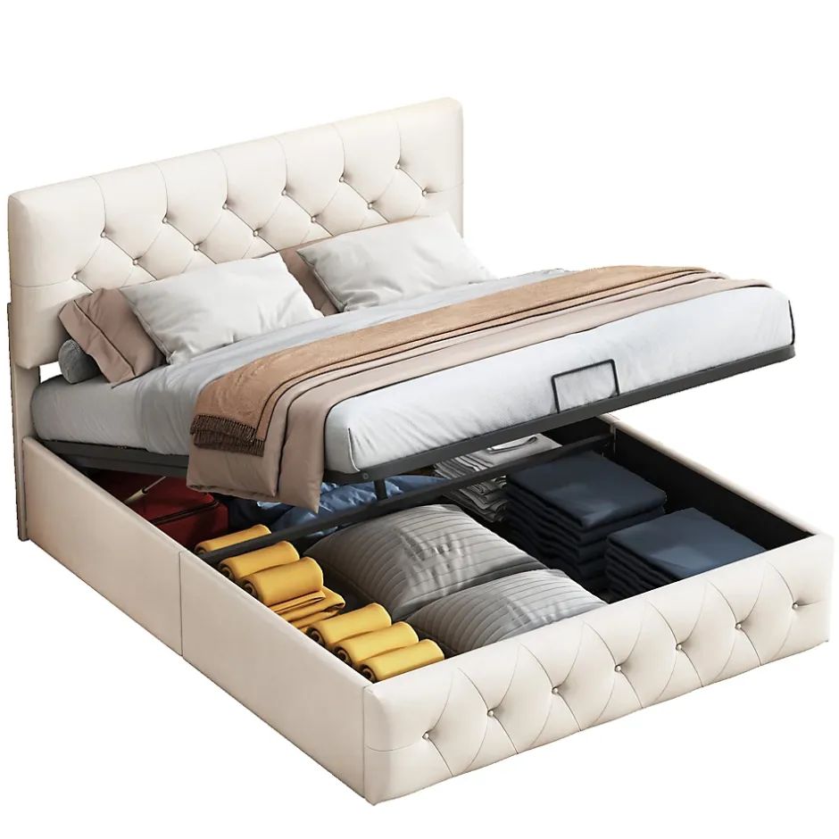 Fortuna lai Lit Double Rembourré Avec Tête De Lit Et Sommier à Lattes En Velours,140x200 Cm,avec Rangement,beige New