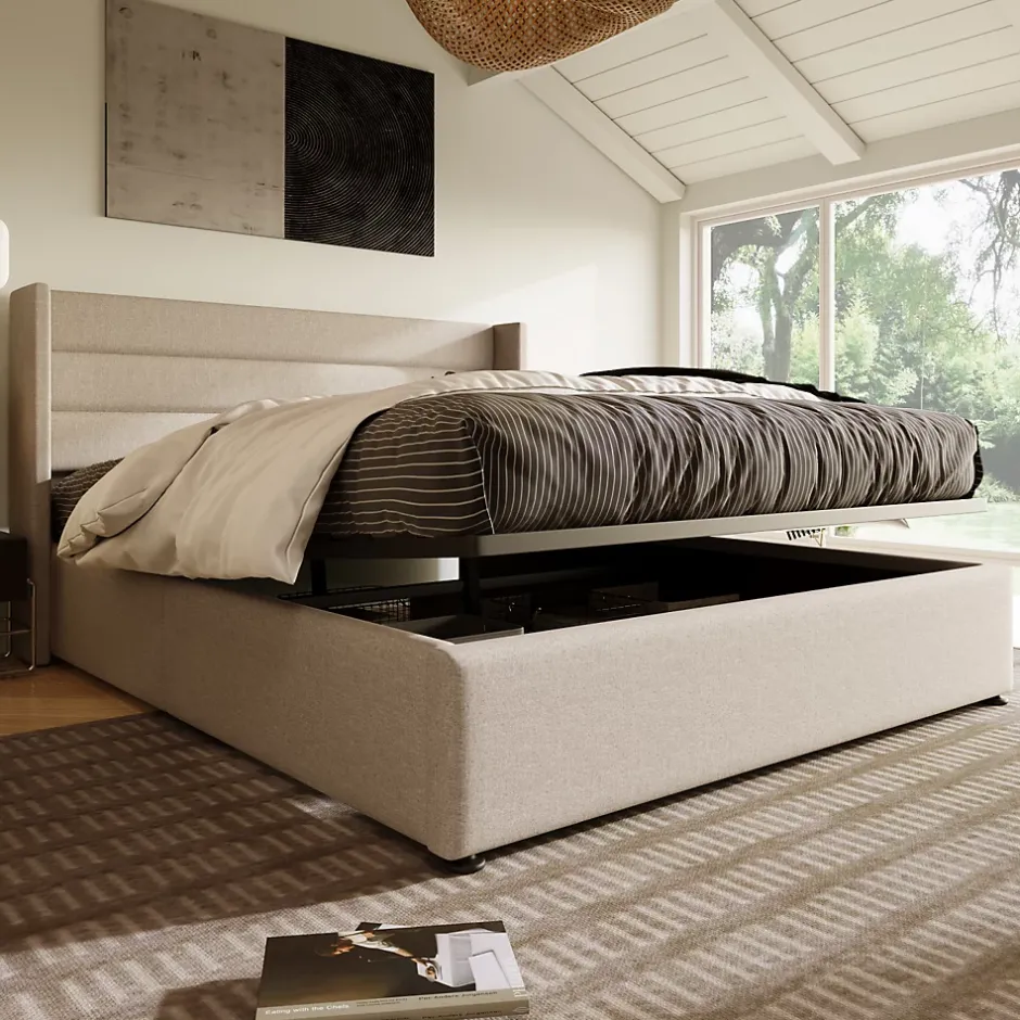 Simple Life Lit Double Rembourré Hydraulique Lit De Rangement, Sommier à Lattes En Bois,beige, 180x200 Cm New