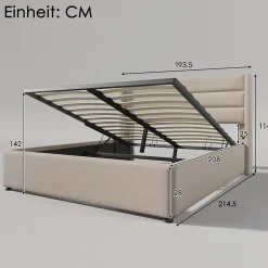 Simple Life Lit Double Rembourré Hydraulique Lit De Rangement, Sommier à Lattes En Bois,beige, 180x200 Cm New