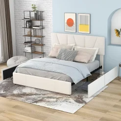Nature Pro Lit Double Rembourré Velours 140x200cm Beige + Sommier à Lattes avec Cadre de lit Métal + Tête Réglable Chambre Sale