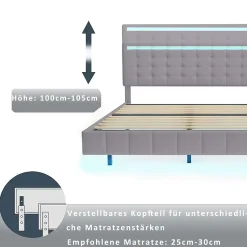 Simple Life Lit double rembourré 140x200 cm, cadre de lit flottant, rembourré, avec LED, lin, gris Hot