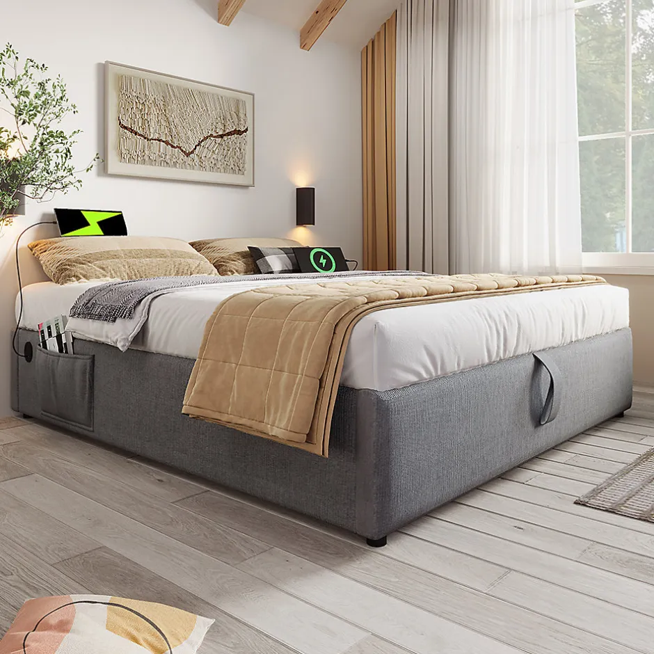 Gutent Lit double rembourré 140x200 cm, Lit de rangement Cadre de lit avec USB- C, Sans tête de lit, Coton, Gris,Sans matelas