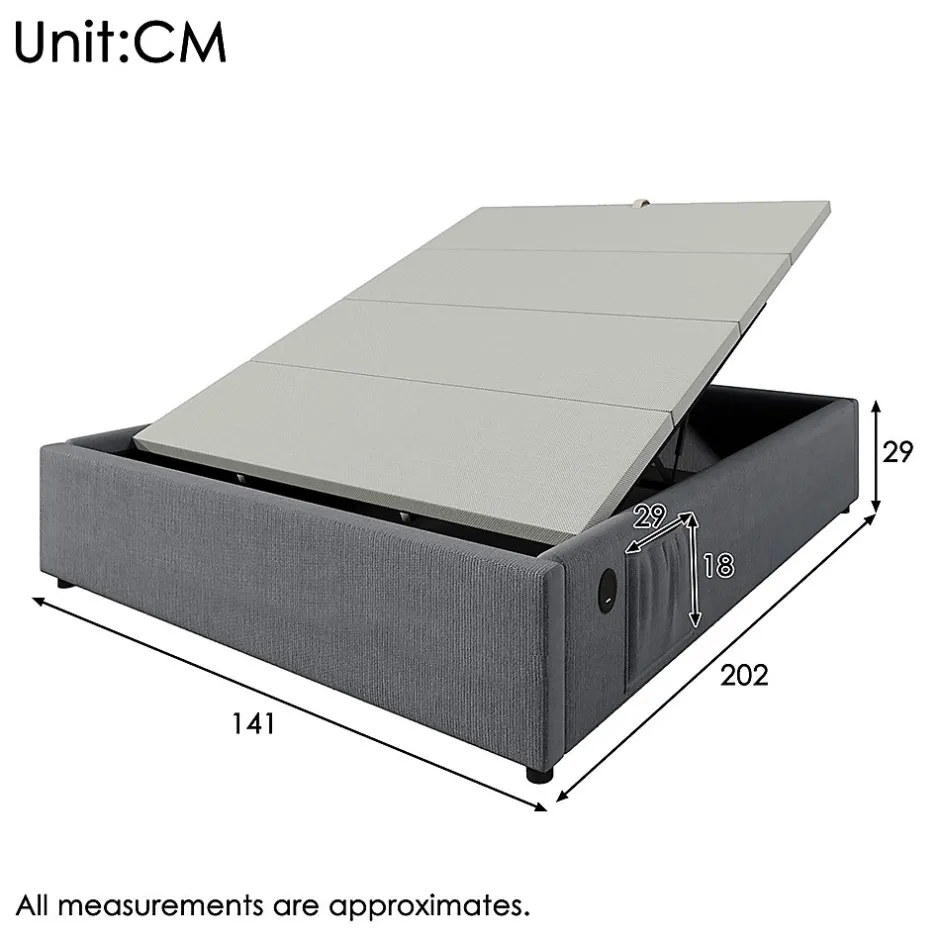 Gutent Lit double rembourré 140x200 cm, Lit de rangement Cadre de lit avec USB- C, Sans tête de lit, Coton, Gris,Sans matelas