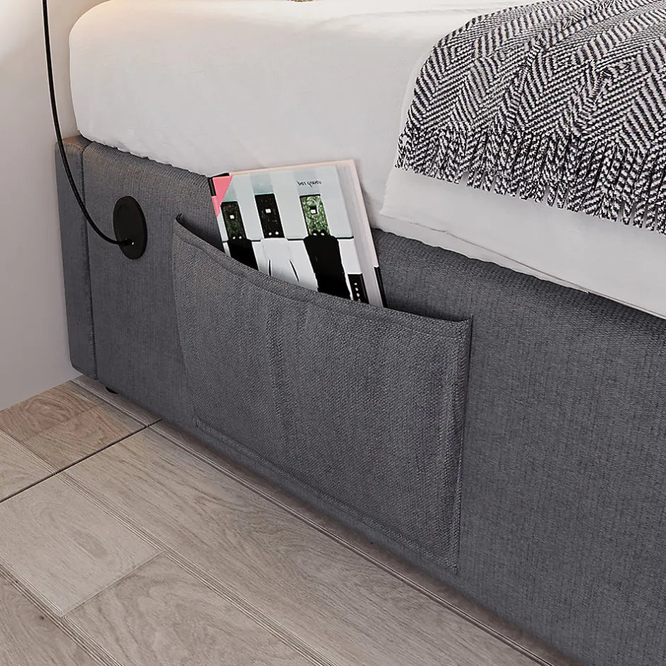 Gutent Lit double rembourré 140x200 cm, Lit de rangement Cadre de lit avec USB- C, Sans tête de lit, Coton, Gris,Sans matelas