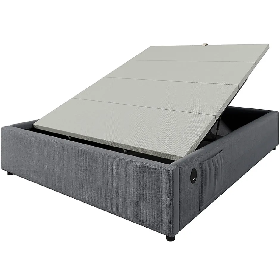 Gutent Lit double rembourré 140x200 cm, Lit de rangement Cadre de lit avec USB- C, Sans tête de lit, Coton, Gris,Sans matelas
